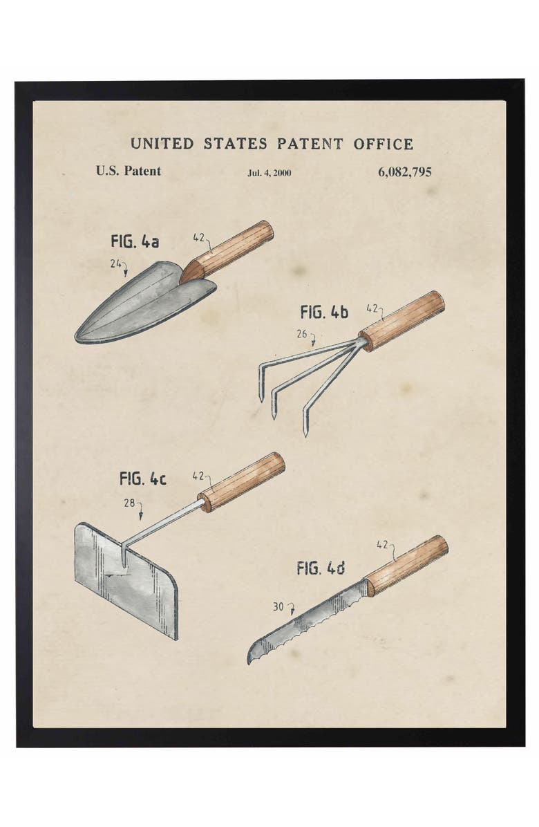 Antique Curiosities Garden Tools Patent in Black Frame, Main, color, NO COLOR
