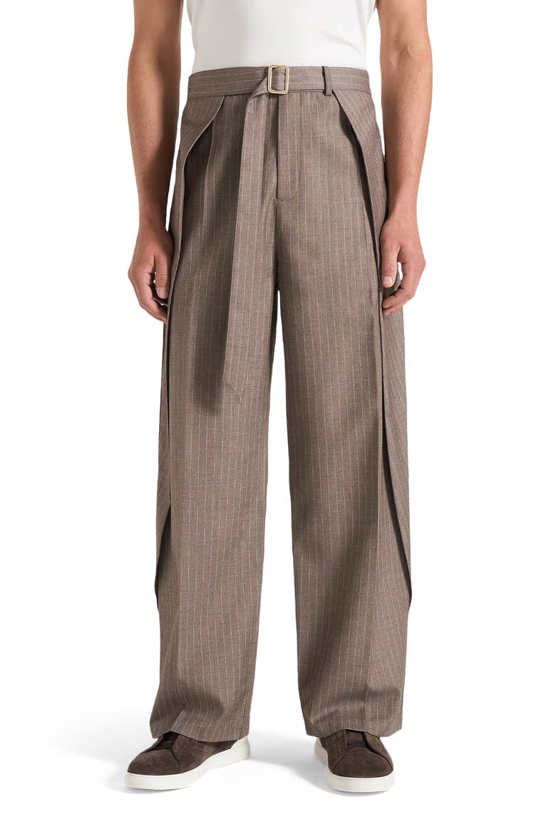 Charles Wide Fit Wrap Leg Pinstripe Tailored Trousers, Main, color, Taupe