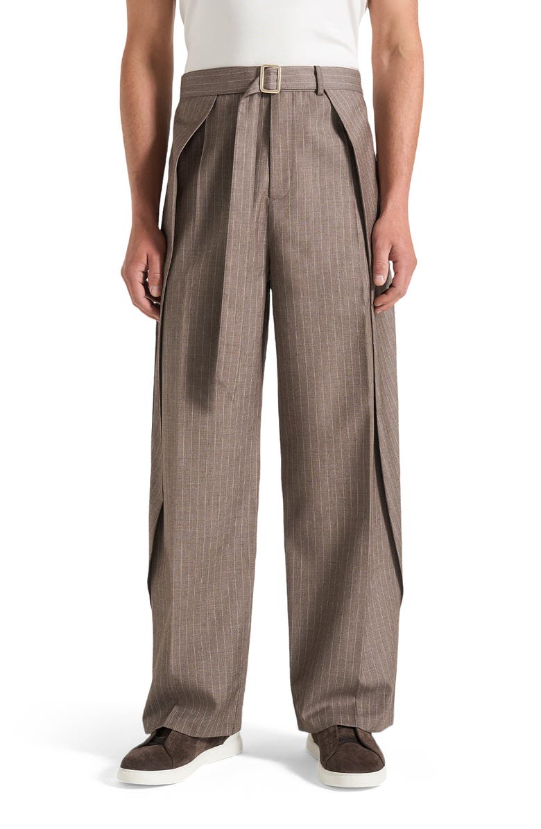 Manière De Voir Charles Wide Fit Wrap Leg Pinstripe Tailored Trousers, Main, color, Taupe