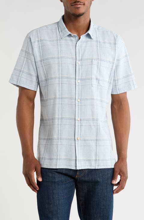 Coldingham Regular Fit Windowpane Short Sleeve Linen & Cotton Button-Up Shirt