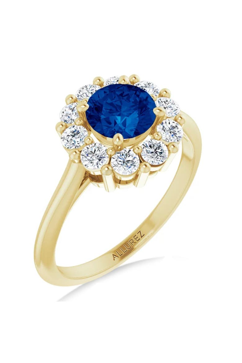 Round Lab Blue Sapphire & Diamond Halo Ring 14K, Alternate, color, 1.71ct/Yellow Gold