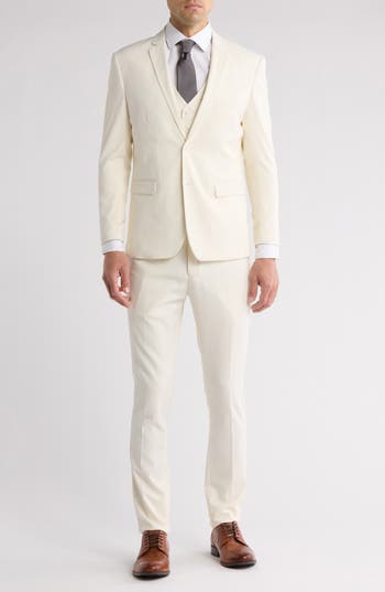 Gino Vitale Skinny Fit Solid Stretch Three Piece Suit In Ivory