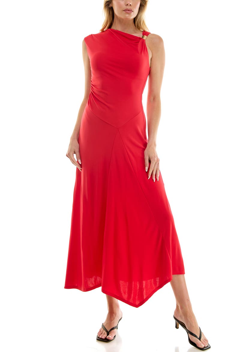 Asymmetric Side Ruched Midi Dress, Main, color, RED