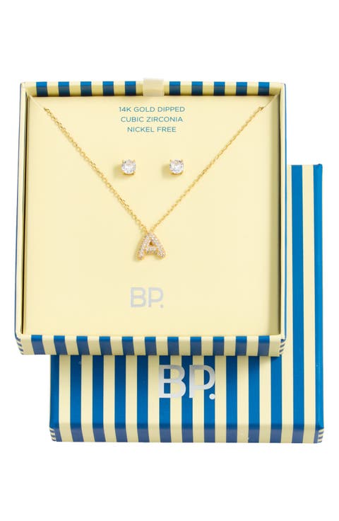 Initial Pendant Necklace & Stud Earrings Set
