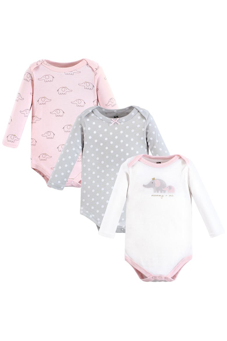 Essential All-Cotton Long-Sleeve Bodysuit Triple Pack, Main, color, Pink Gray Elephant