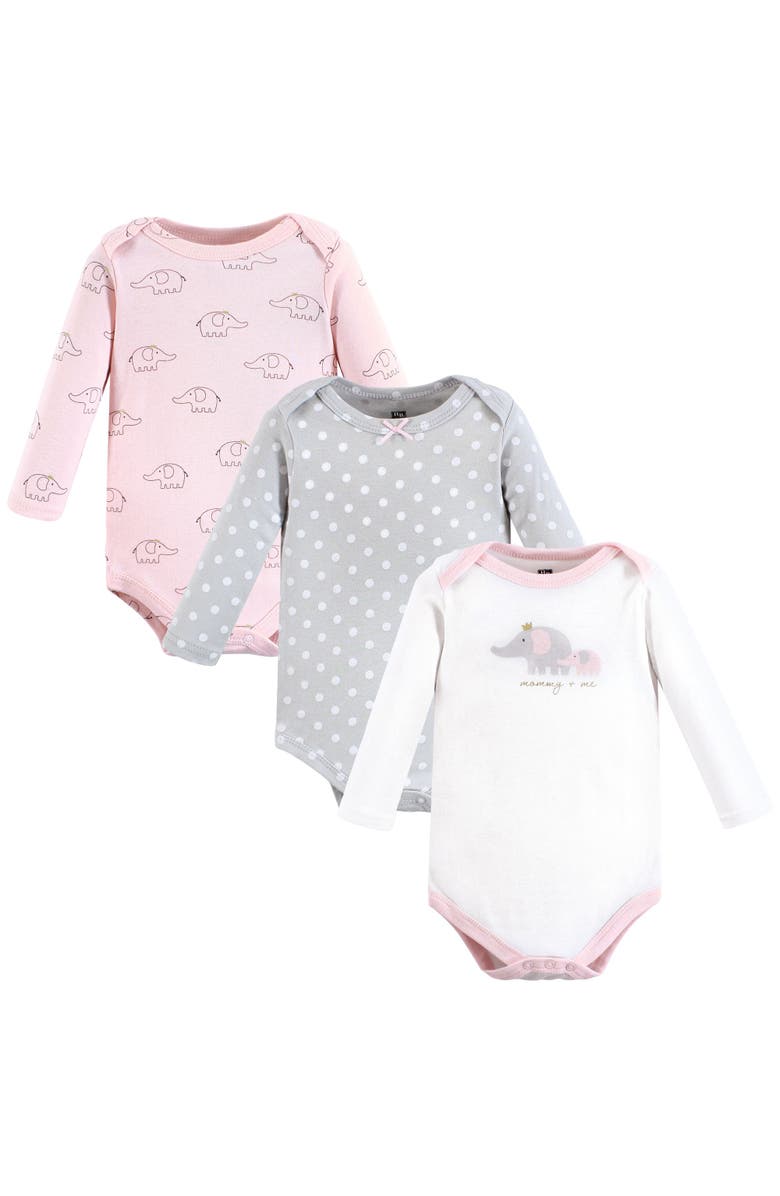 Hudson Baby Essential All-Cotton Long-Sleeve Bodysuit Triple Pack, Main, color, Pink Gray Elephant