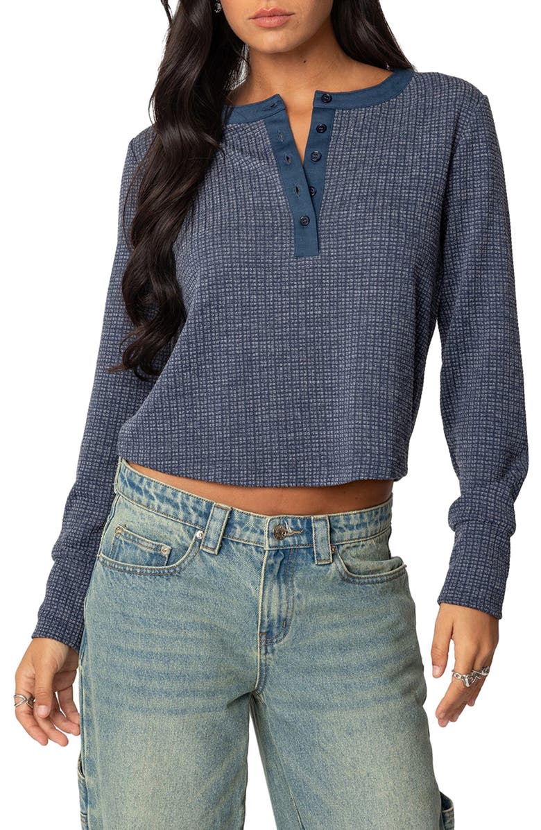 EDIKTED Ruth Waffle Knit Henley, Main, color, Navy