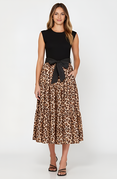 Sleeveless Mixed-Media Midi Dress with Contrast Waist Tie