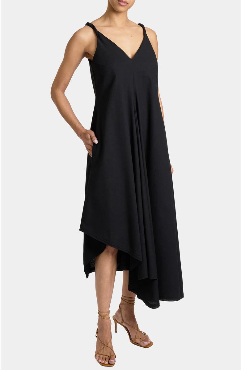 Santorelli KOURT Asymmetric Sleeveless Linen Blend Midi Billow Dress, Alternate, color, Black