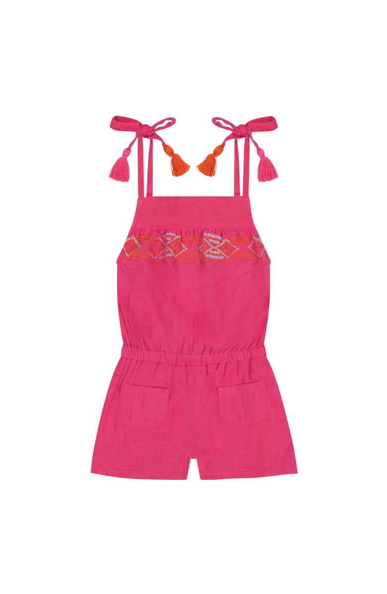 Mer St. Barth Inez Girl's Shoulder Tie Romper Raspberry Embroidery, Main, color,
