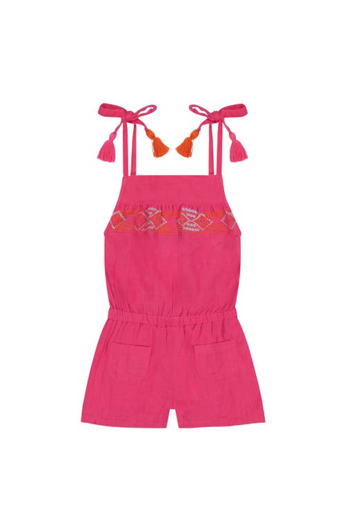 Mer St. Barth Inez Girl's Shoulder Tie Romper Raspberry Embroidery In Pink