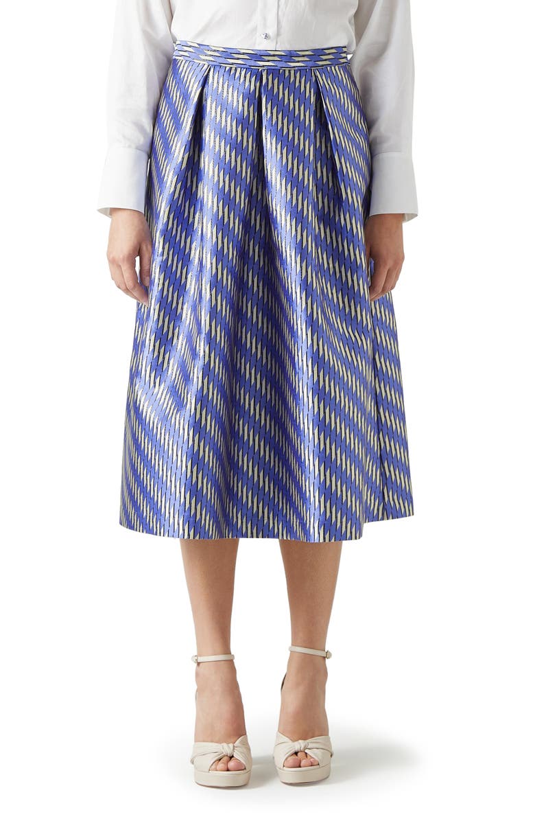 LK Bennett Olsen Metallic Pleated Midi Skirt, Main, color, Blue