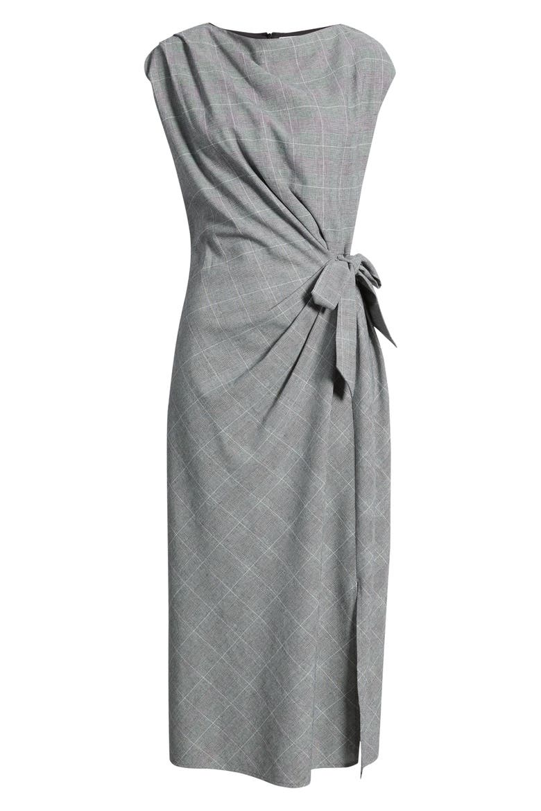 Windowpane Pladi Side Ruched Cotton Sheath Dress, Alternate, color, GREY