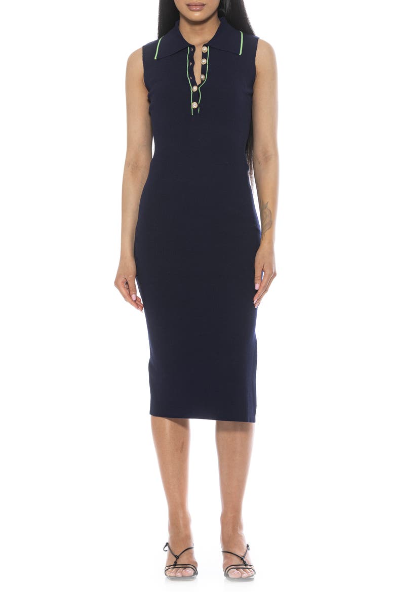 Myah Imitation Pearl Button Knit Midi Dress, Main, color, NAVY