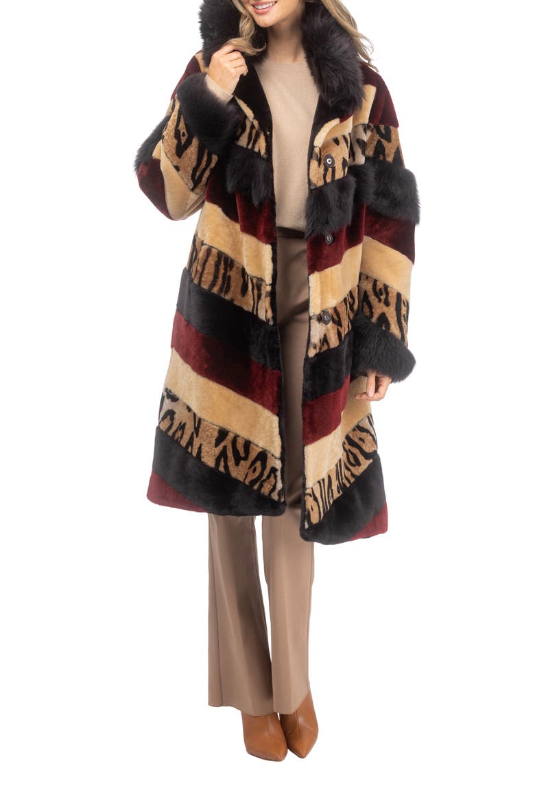 Genuine Shearling And Genuine Shearling Short Coat, Alternate, color, WINE/CAMEL/OCELO PRINT/BROWN
