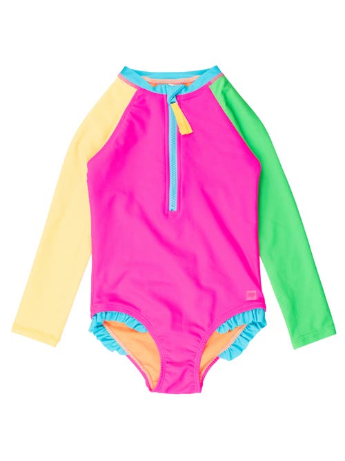 Rufflebutts Girls Upf50+ Sun Protection Long Sleeve Rash Guard One Piece In Neon Color Block