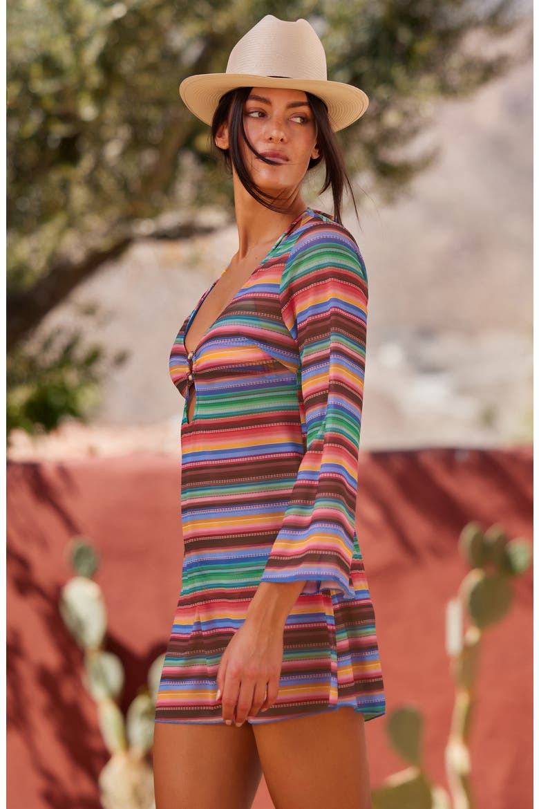 Vallarta Long Sleeve Sheer Mesh Cover-Up Tunic, Alternate, color, RED MULTI STRIPE