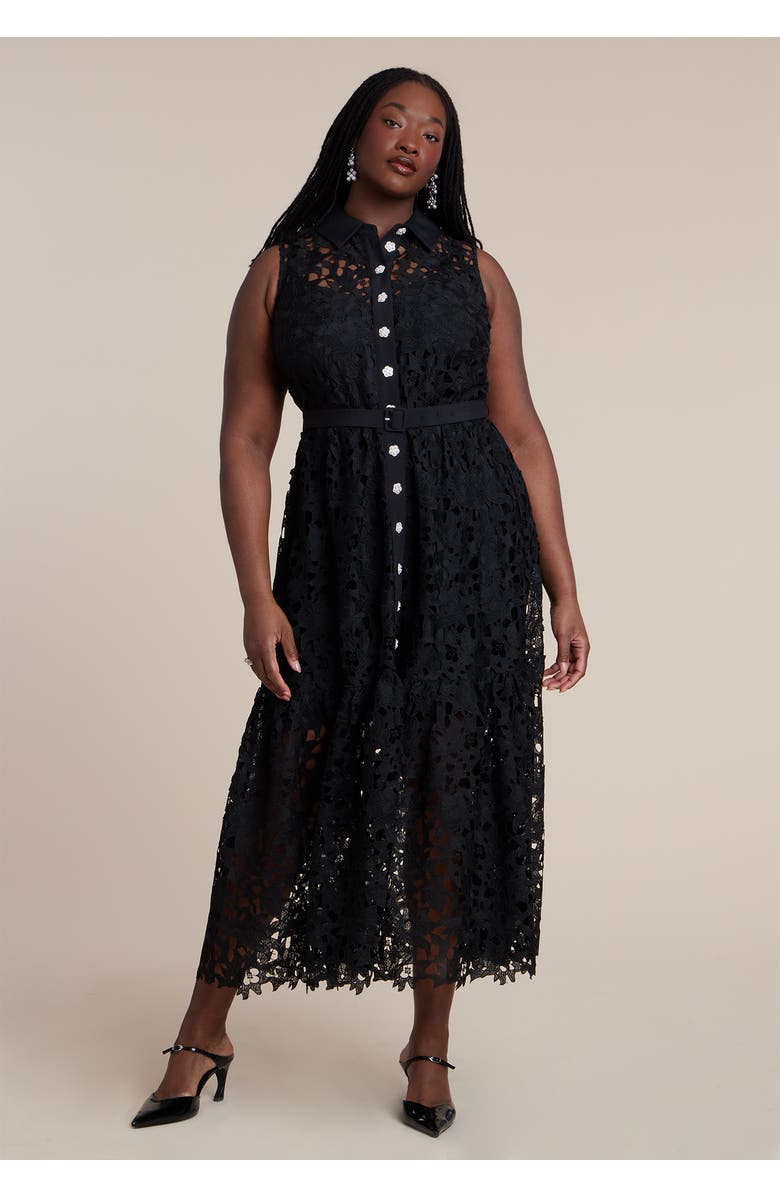 ELOQUII Lace Dress With Buttons & Collar, Alternate, color, Black Onyx