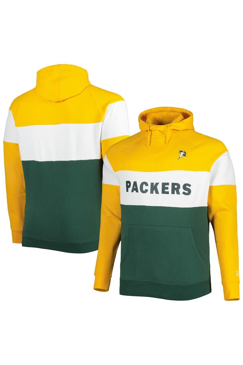 Men's New Era Green Green Bay Packers Big & Tall Throwback Colorblock Raglan Pullover Hoodie, Main, color, Green