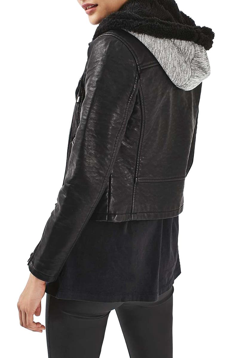Topshop Maggie Faux Leather Biker Jacket with Hood, Alternate, color, 