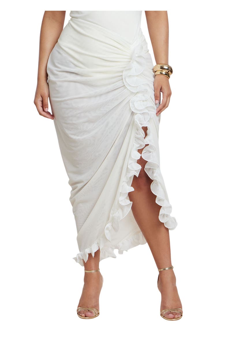 ELOQUII Patbo X Eloquii Ruffled Sheer Mesh Skirt, Main, color, Coconut Milk