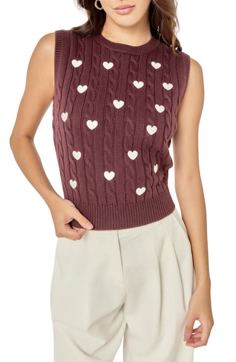 Heart Embroidered Sleeveless Cable Sweater