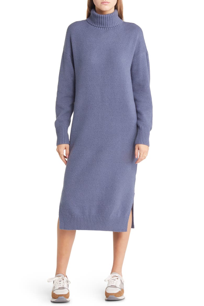 Long Sleeve Turtleneck Cotton & Wool Blend Sweater Dress, Main, color, BLUE VINTAGE