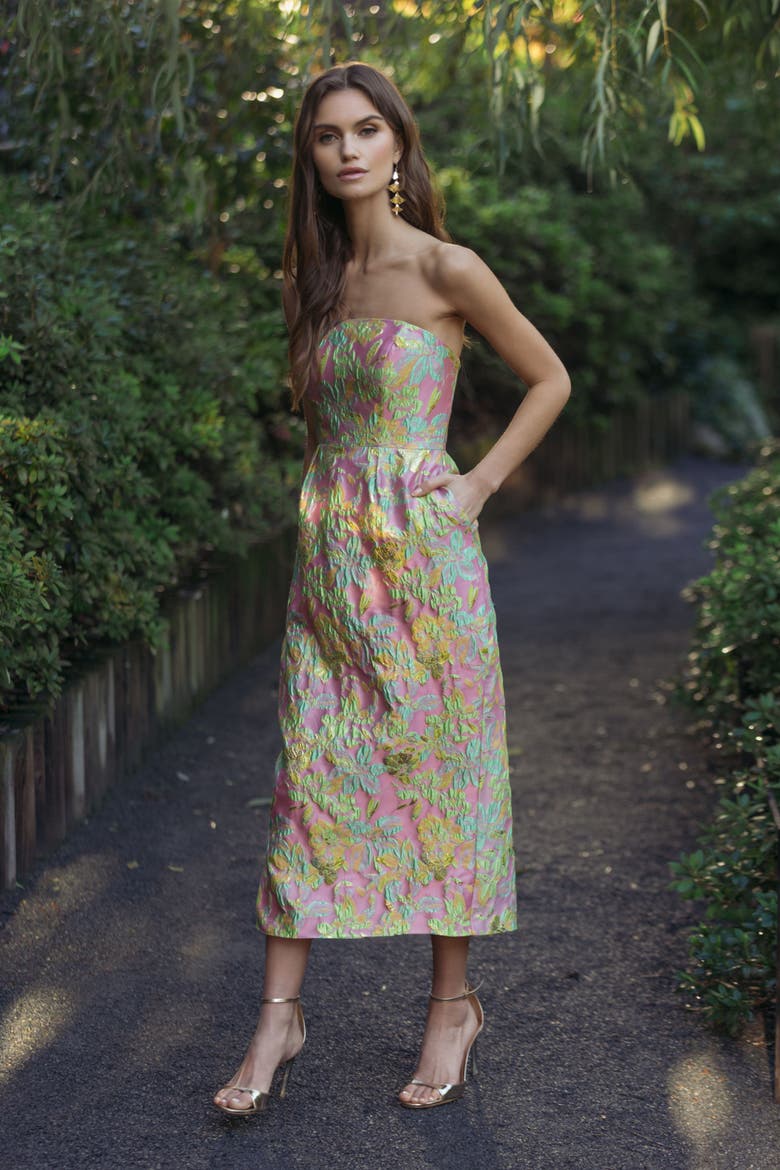 Strapless Floral Brocade Midi Dress, Alternate, color, Blush Multi