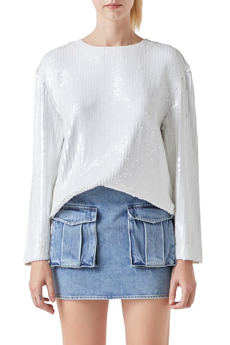 Sequin Long Sleeve Top, Main, color, WHITE