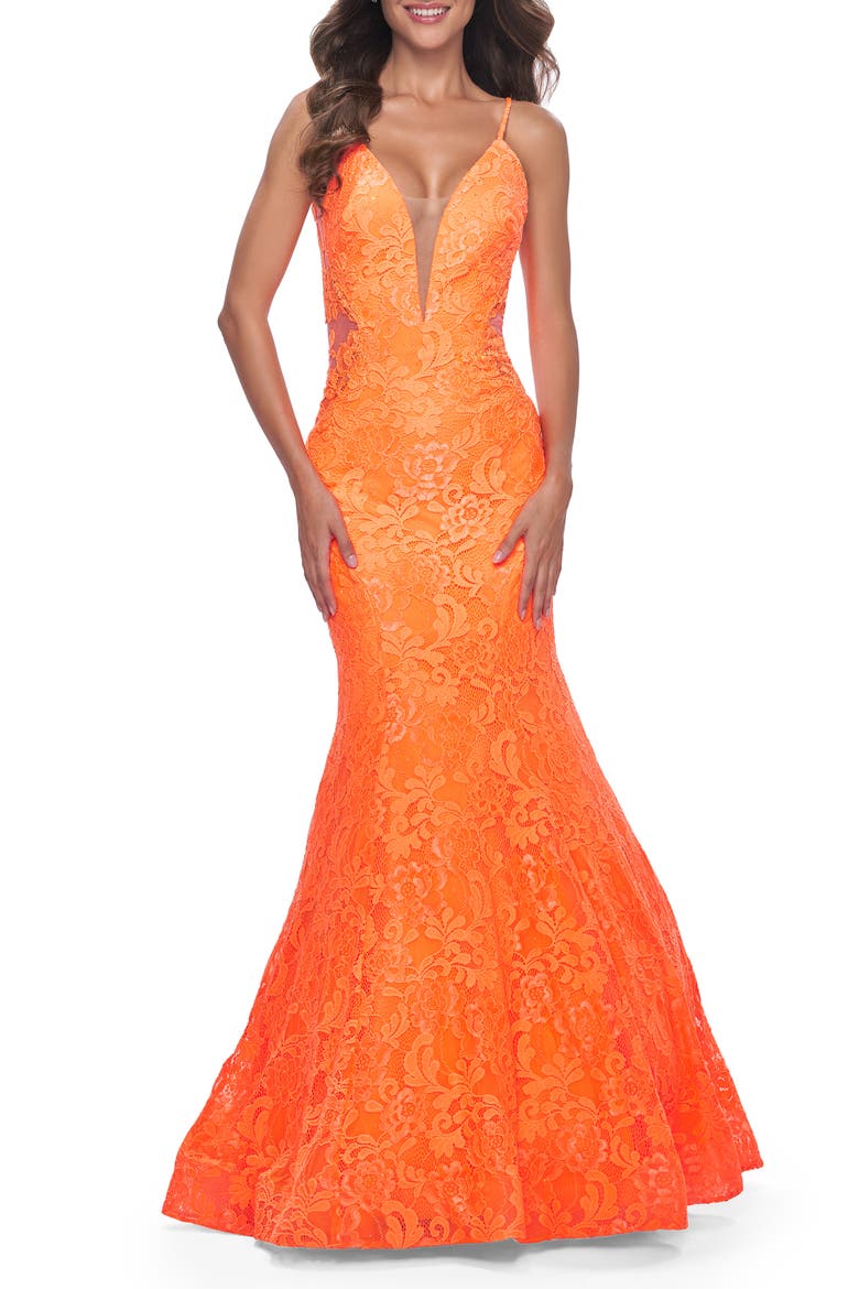 Long Mermaid Lace Dress with Back Rhinestone Detail, Alternate, color, Bright Orange