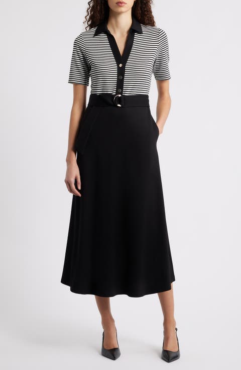 Stripe Bodice Belted Midi Dress