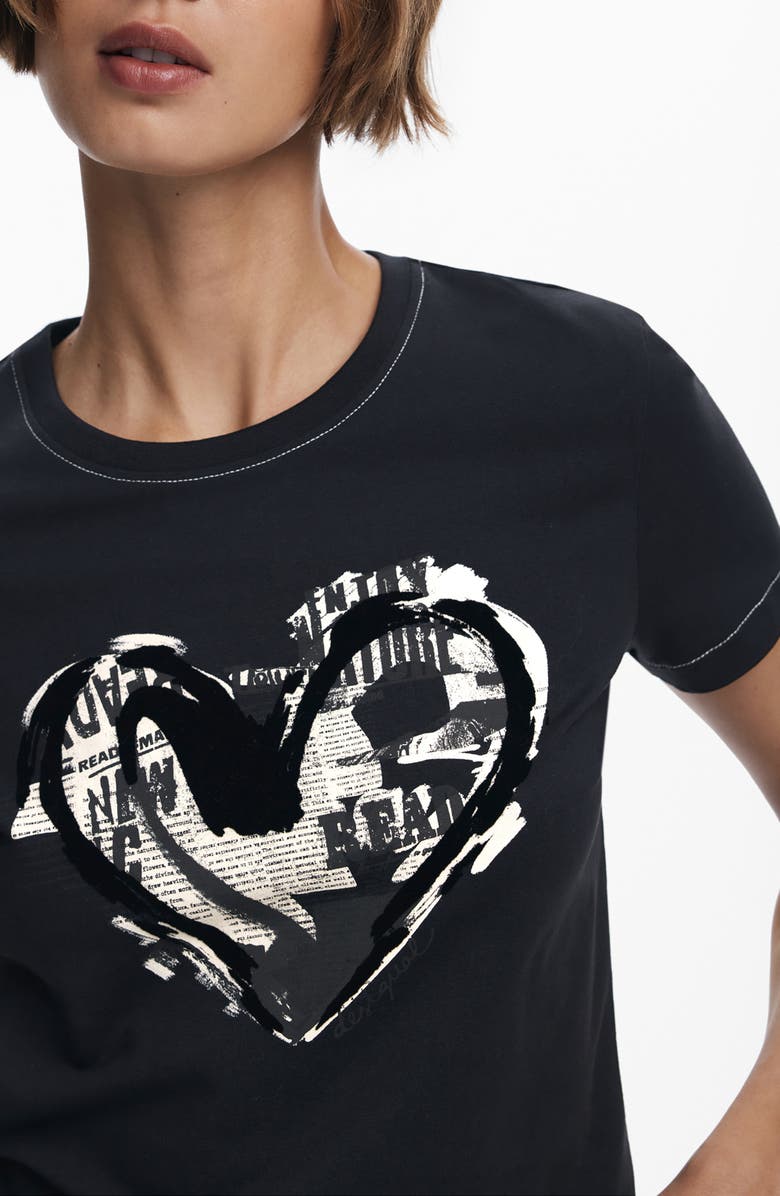 Desigual Heart Cotton Graphic T-Shirt, Alternate, color, Black