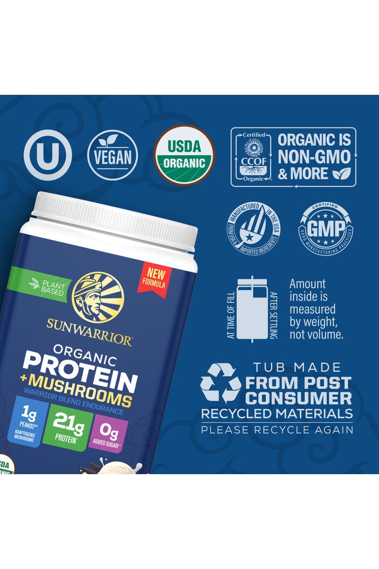 Organic Warrior Blend Endurance + Mushroom Protein Powder, Vanilla, 912.33g Tub, Alternate, color, No Color