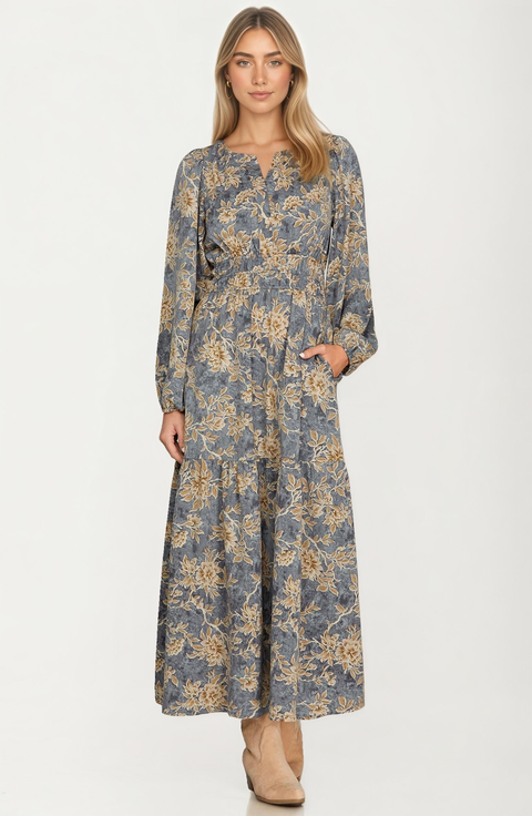 Floral Print Long Sleeve Maxi Dress with Smocked Waist