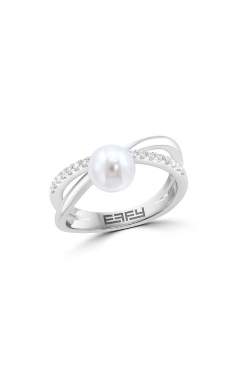 Sterling Silver Freshwater Pearl & Diamond Ring