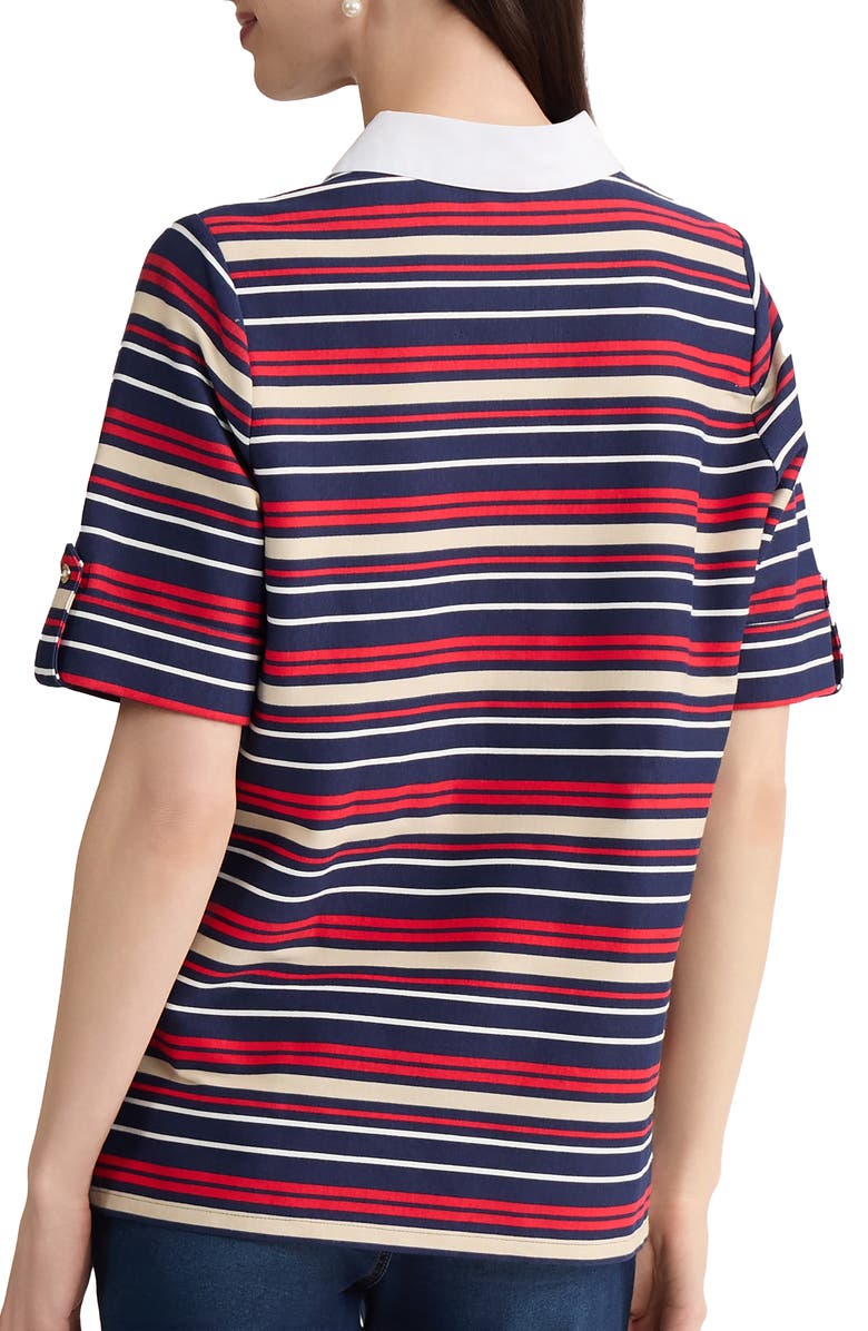 Jones New York Stripe Roll Tab Cuff Polo, Alternate, color, Pacific Navy Multi