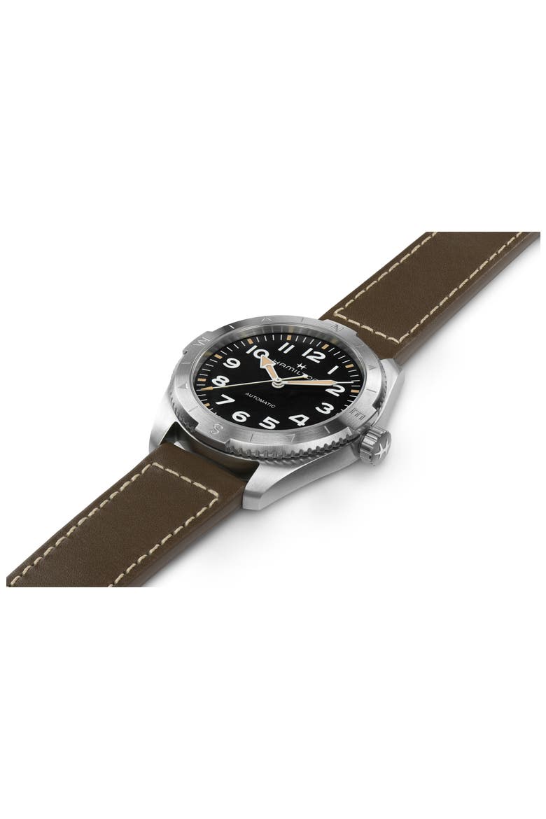 Khaki Field Expedition Automatic Leather Strap Watch, 41mm, Alternate, color, BLACK