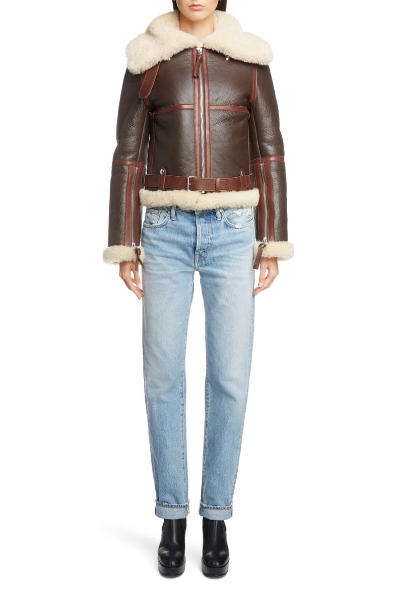 Leather Jacket with Genuine Shearling Trim, Main, color, DARK/BROWN BEIGE