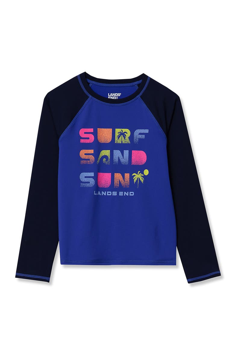 Girls Slim Long Sleeve Mock Neck UPF 50 Swim Rash Guard, Main, color, Surf Sand Sun/Blue