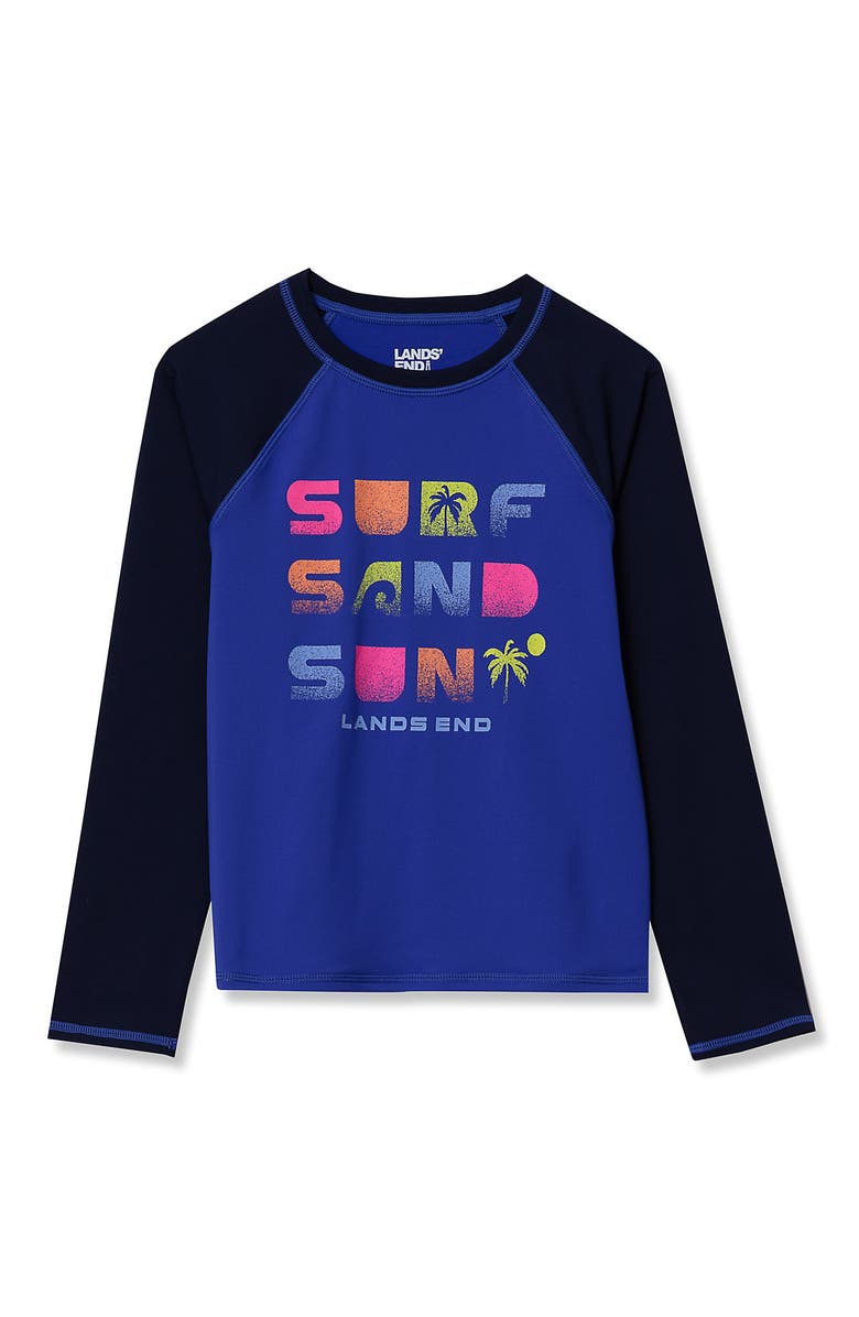 Lands' End Girls Slim Long Sleeve Mock Neck UPF 50 Swim Rash Guard, Main, color, Surf Sand Sun/Blue