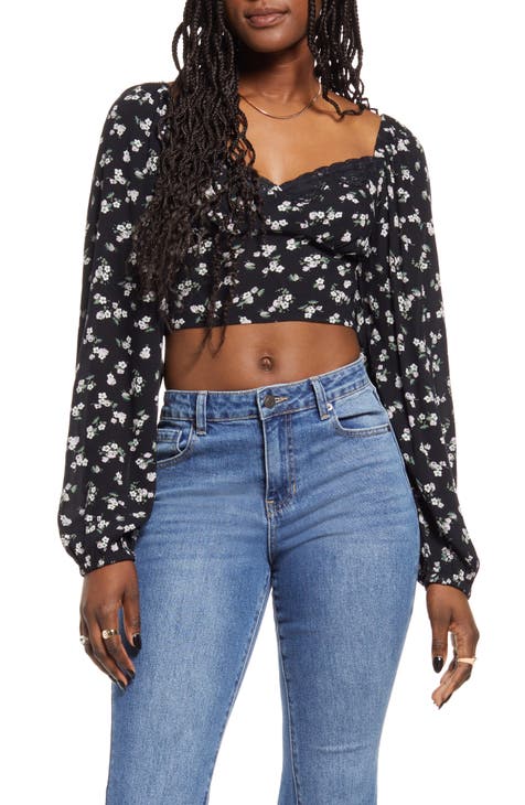 Lace Trim Long Sleeve Crop Top