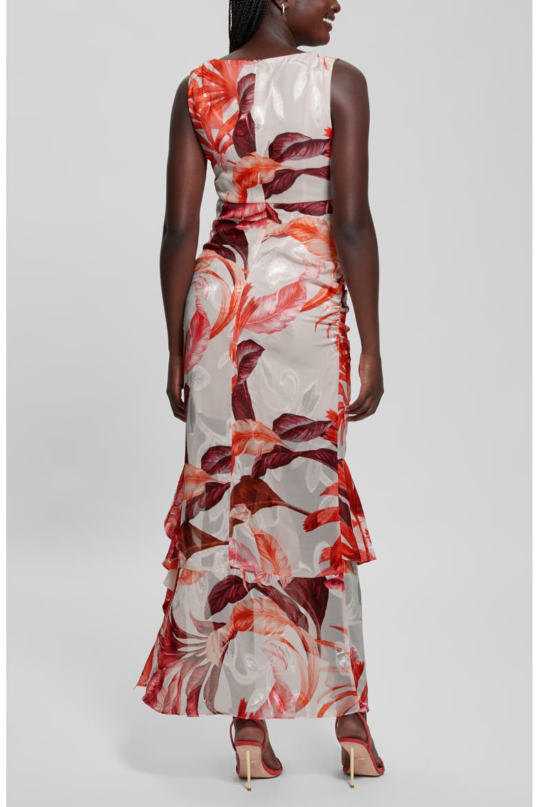 Ava Ruched Ruffle Sleeveless Maxi Dress, Alternate, color, TROPIC ECLIPSE PRINT CORAL