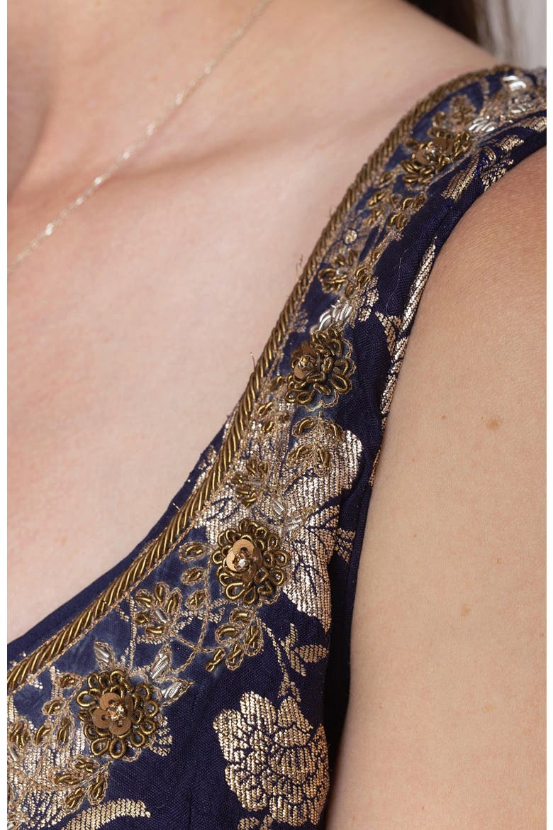 Alisha Brocade Plunge Neck Gown, Alternate, color, Navy