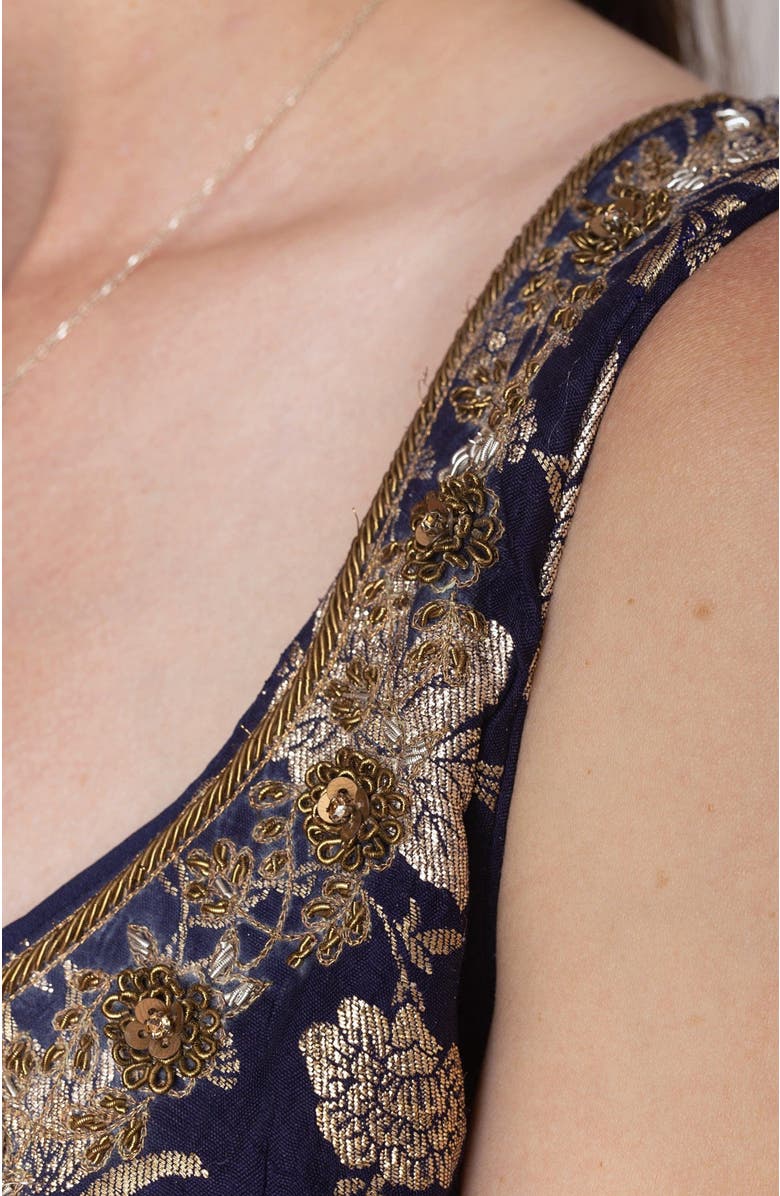 RAAS Alisha Brocade Plunge Neck Gown, Alternate, color, Navy