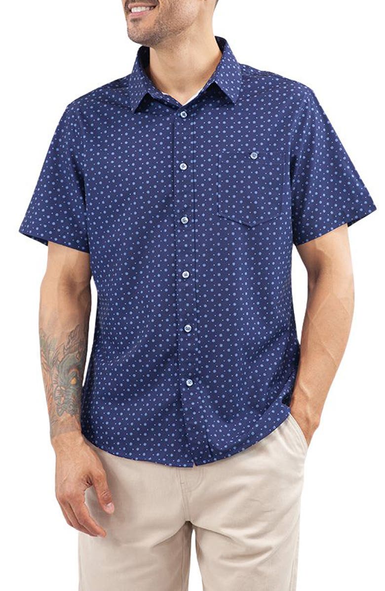 JACHS Classic Fit Floral Short Sleeve Button-Up Tech Shirt, Main, color, Indigo Poly Print
