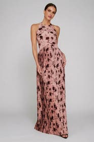 Six Stories Floral Halter Pleated Ruffle Maxi Dress