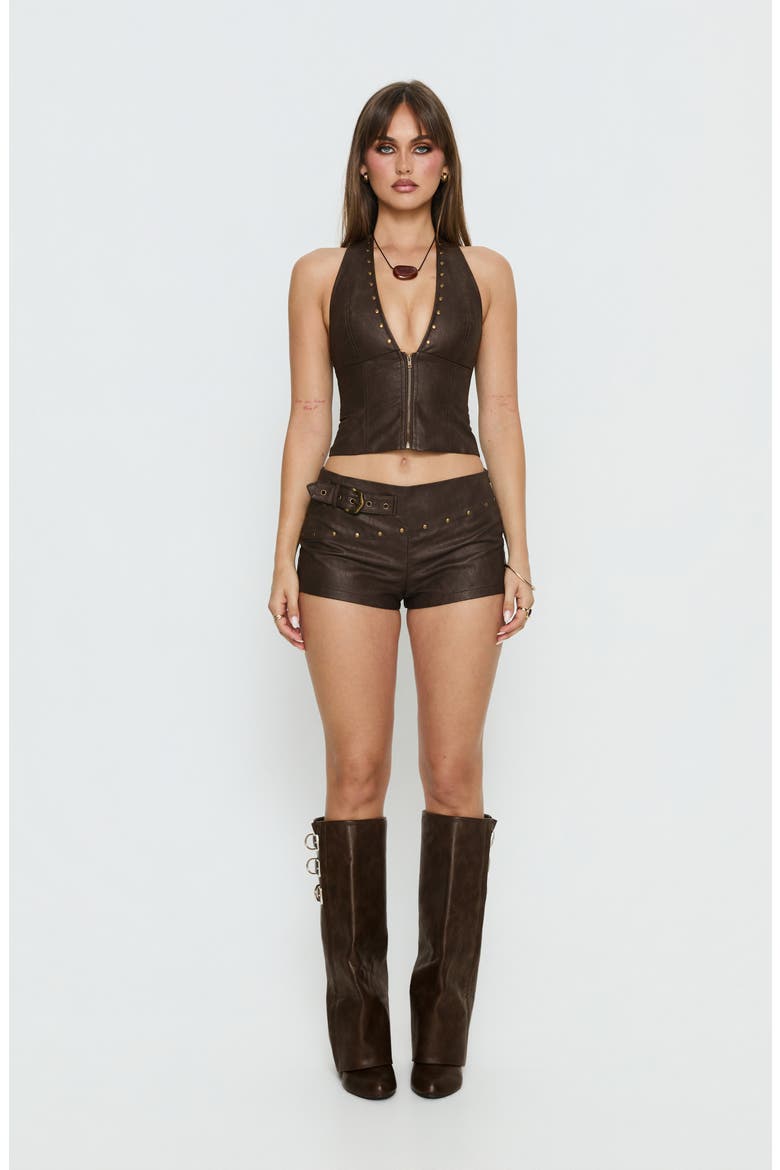 Romey Studded Faux Leather Corset Halter Top, Alternate, color, CHARCOAL BROWN