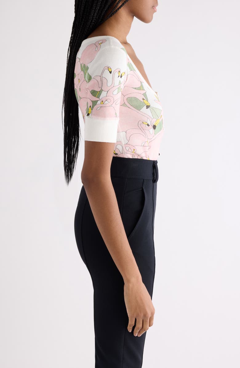 Chloé Flamingo Print Rib Jersey Henley, Alternate, color, Iconic Milk