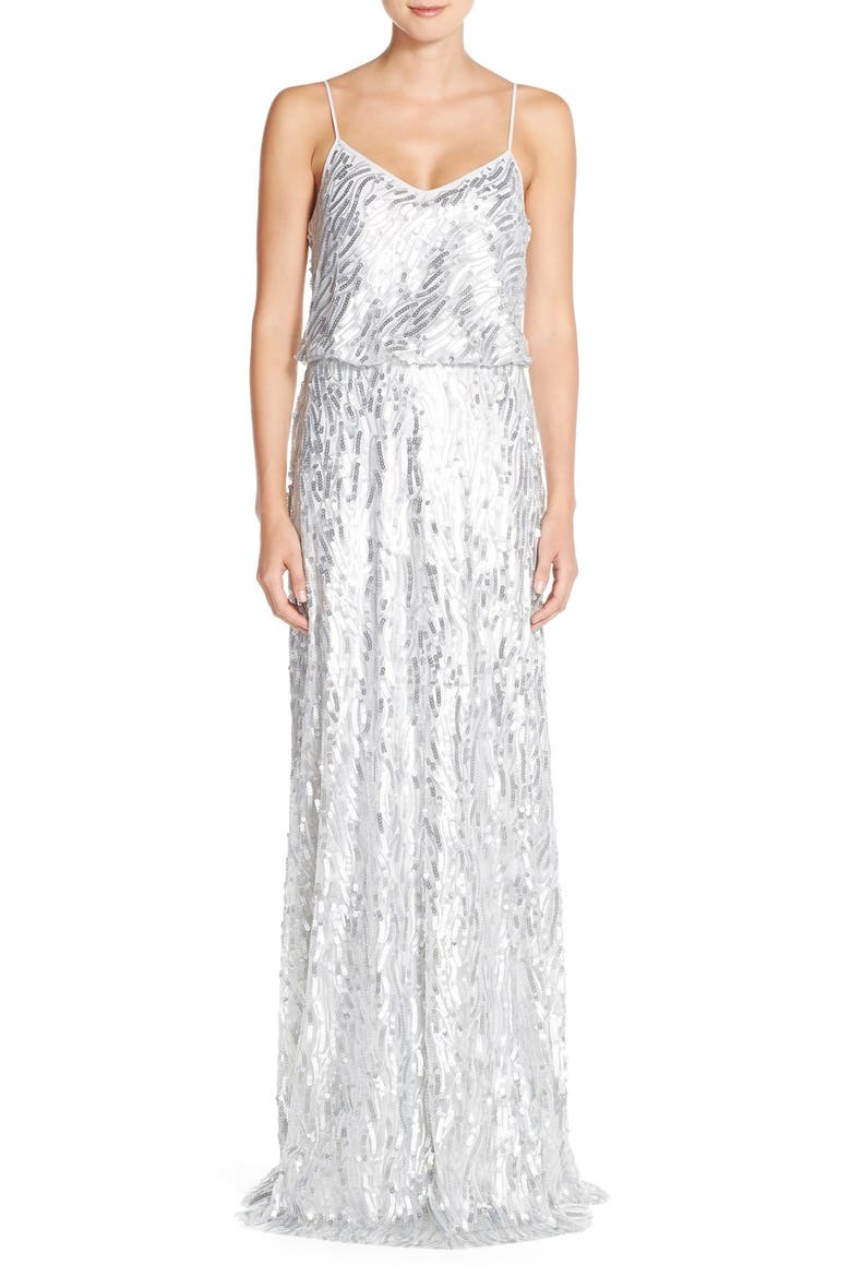 'Courtney' Spaghetti Strap Sequin Blouson Gown, Main, color, CLOUD