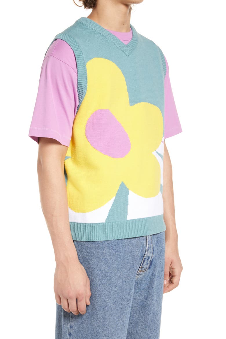 Flower Pattern Cotton Blend Sweater Vest, Alternate, color, TEAL FLORA INTARSIA